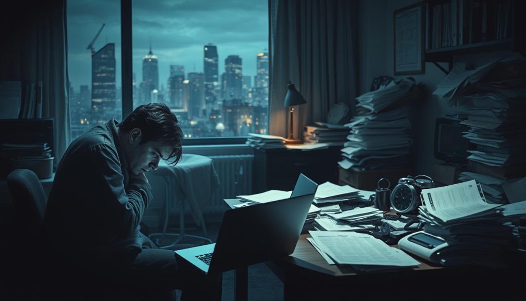 A moody and introspective scene depicting the disadvantages and limitations of "light portage" or freelance work arrangements. In the foreground, a lone figure sits hunched over a laptop, expression weary and burdened. The middle ground features a cluttered home office, with overflowing paperwork and a sense of overwhelming bureaucracy. In the background, a dimly lit cityscape looms, hinting at the isolation and lack of stability inherent in this type of employment. The lighting is dramatic, with heavy shadows and a cool, desaturated color palette, conveying a sense of unease and discomfort. This image aims to capture the potential pitfalls and inconveniences that can arise from the "light portage" lifestyle.