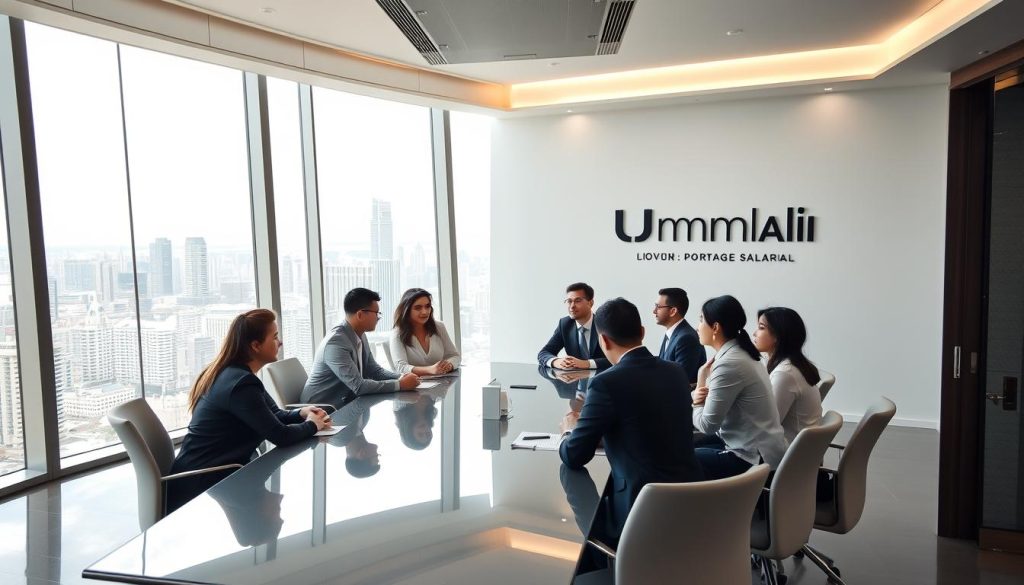 A multinational business meeting in a sleek, modern office. In the foreground, a diverse group of professionals in formal attire sit around a polished conference table, engaged in discussion. The middle ground features a large window overlooking a bustling city skyline, bathed in soft, natural light. In the background, the Umalis Group logo is prominently displayed on the wall, reflecting the international nature of the "portage salarial" employment arrangement. The atmosphere is one of collaboration, professionalism, and global connectivity.
