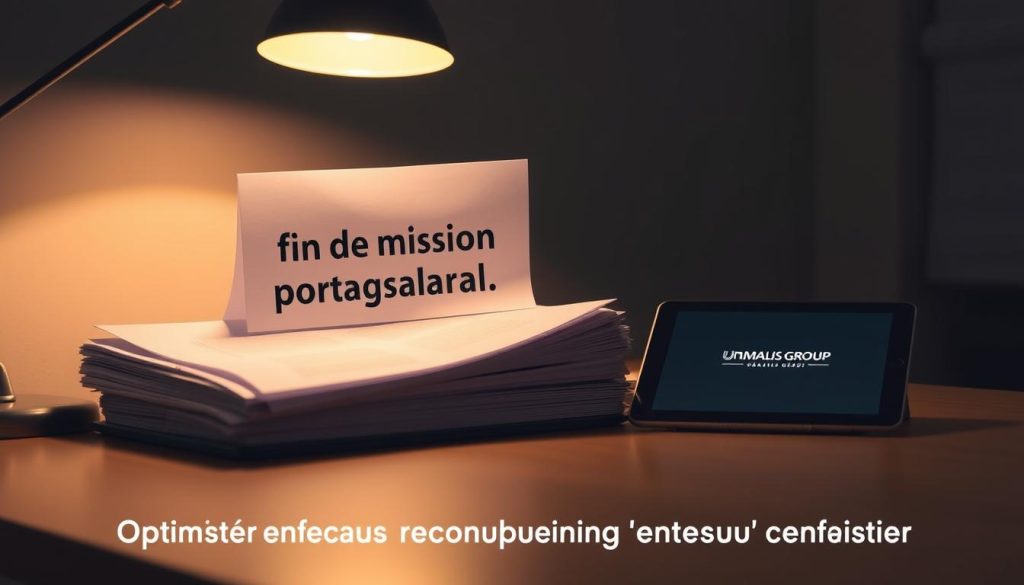 A neatly arranged desk, illuminated by warm overhead lighting, features a stack of official-looking documents labeled "fin de mission portage salarial". The documents are accompanied by a tablet displaying the UMALIS GROUP logo, hinting at the transition and optimization process. The scene conveys a sense of organization and professionalism, reflecting the section title "Optimiser sa reconversion grâce au portage salarial".