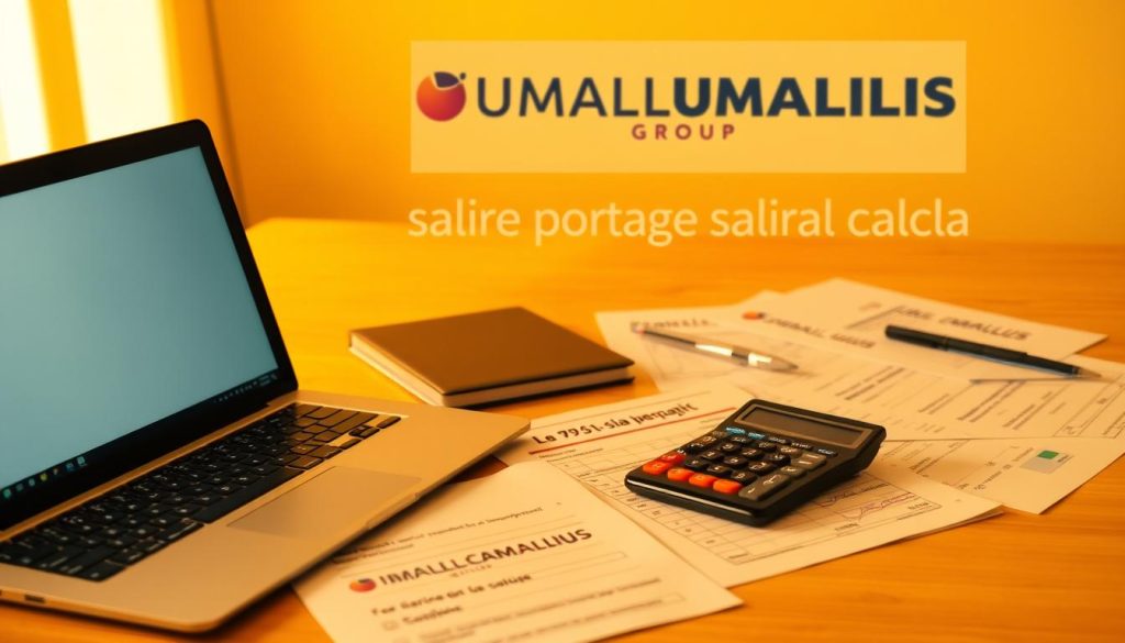 A neatly arranged office desk with a laptop, calculator, and documents showcasing the step-by-step process of "salaire portage salarial calcul" (freelance salary calculation). The scene is bathed in warm, directional lighting, creating a professional and analytical atmosphere. In the background, the UMALIS GROUP logo is prominently displayed, emphasizing the authoritative nature of the information. The composition is balanced, with a clear focus on the relevant financial tools and paperwork, conveying the systematic approach to freelance salary computation.
