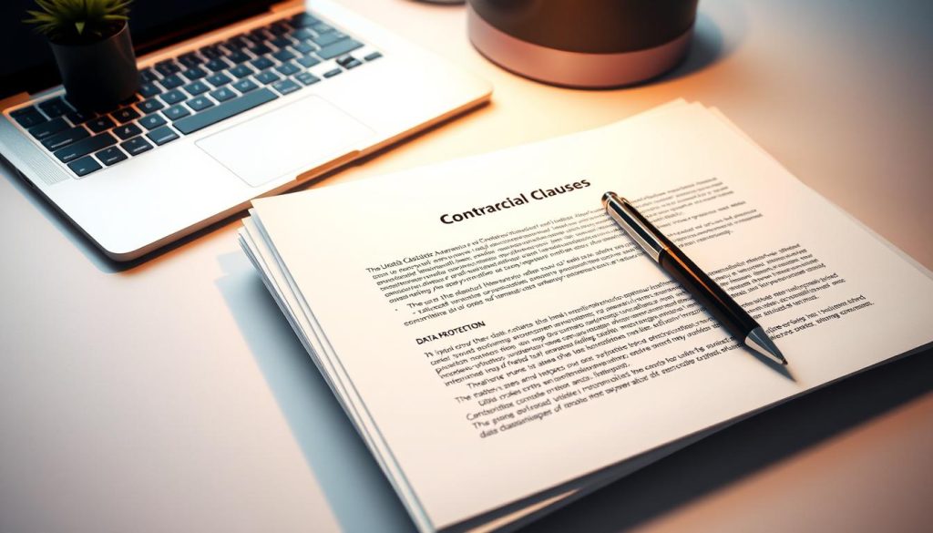 A neatly arranged office scene featuring a laptop, pen, and a stack of documents with the Umalis Group logo, all set against a clean, minimalist background. The documents display clearly legible contractual clauses related to data protection, with a warm, professional lighting that emphasizes the importance and attention to detail. The overall composition conveys a sense of organization, trust, and the secure handling of sensitive information, reflecting the key aspects of the "Essential Clauses for a Freelance Contract" section.
