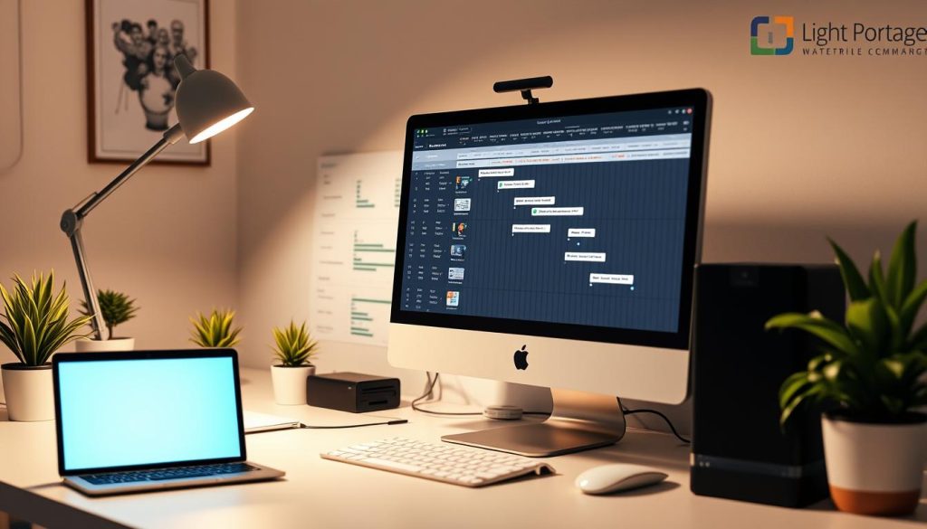 A neatly arranged workspace with a LIGHT PORTAGE desktop computer displaying detailed Gantt charts. The charts showcase various project tasks, milestones, and timelines, presented in a clear and organized manner. Warm lighting from a desk lamp illuminates the scene, creating a productive and focused atmosphere. The Gantt charts are the central focus, surrounded by a minimalist office setting with a clean, white desk and a few potted plants, suggesting a well-planned and efficiently managed project environment.