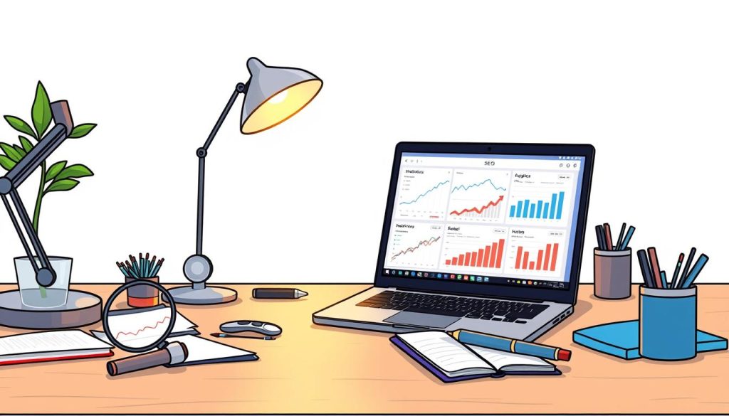 A neatly arranged workspace with various SEO research tools prominently displayed. In the foreground, a high-quality laptop showcases a screen filled with analytics dashboards and SEO-related software. Surrounding the laptop are tactile tools like a desktop magnifying glass, a notebook, and a pen for jotting down insights. In the middle ground, a sleek, modern desk supports the workspace, with a minimalist lamp providing warm, focused lighting. The background features a clean, white wall, creating a sense of professionalism and productivity. The overall scene conveys a methodical, data-driven approach to understanding market demand and optimizing online visibility.