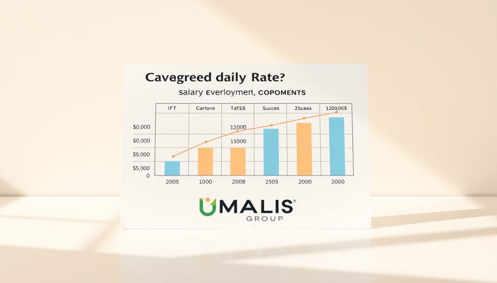 A neatly formatted chart displaying the average daily rate for salaried employment, set against a clean, minimalist background. The chart should feature a sleek, modern design with clear data visualization, showcasing the key figures in an easy-to-understand format. Warm, natural lighting casts a soft glow, creating a professional and informative atmosphere. The UMALIS GROUP logo should be prominently displayed, reinforcing the brand's expertise in this domain. Overall, the image should convey a sense of authority, transparency, and attention to detail, aligning with the article's focus on explaining the salary calculation methodology.