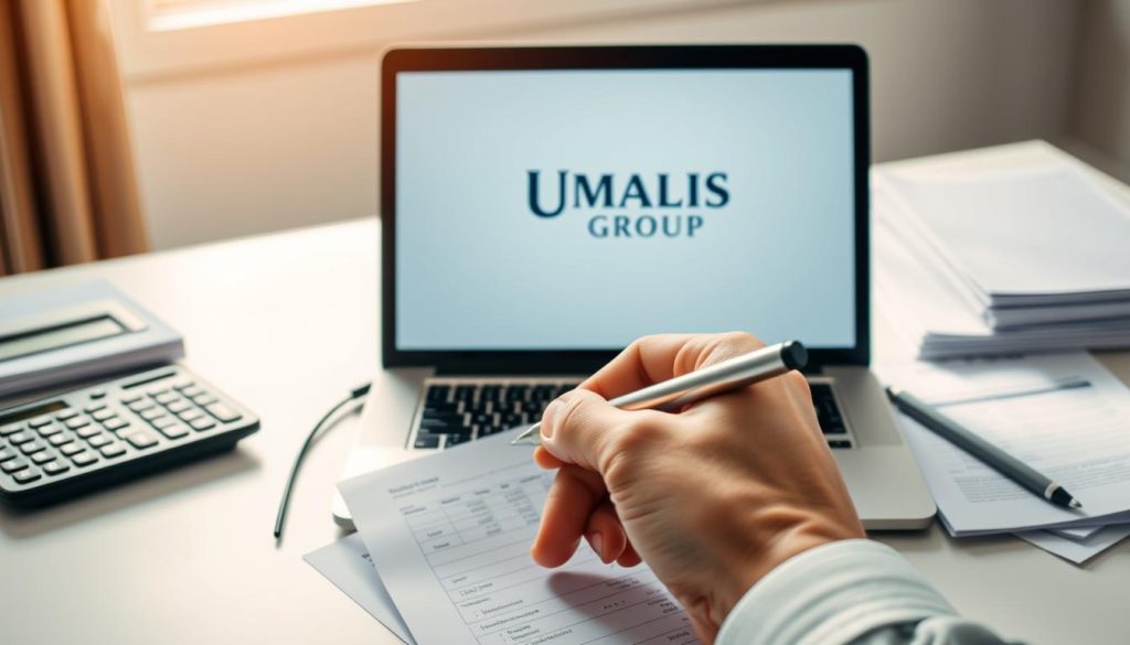 A neatly laid out office desk with a laptop, calculator, and stack of documents. In the foreground, a hand holds a pen, poised to make calculations on a spreadsheet. Soft, directional lighting from a window casts a warm glow across the scene. The UMALIS GROUP logo is prominently displayed on the laptop screen, highlighting their expertise in salary portage. The overall mood is professional and focused, conveying the intricacies of calculating salary remuneration in a salary portage arrangement.