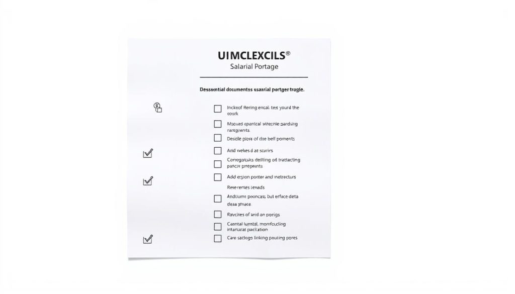 A neatly organized checklist with crisp, minimalist icons and labels against a clean, bright background, showcasing the essential documents required for a successful UMALIS GROUP salarial portage arrangement. The checklist is displayed in a sleek, professional manner, with a tactile, paper-like texture and subtle shadows that convey a sense of depth and tangibility. The overall composition is balanced and visually appealing, making it easy for the viewer to quickly understand the key information.