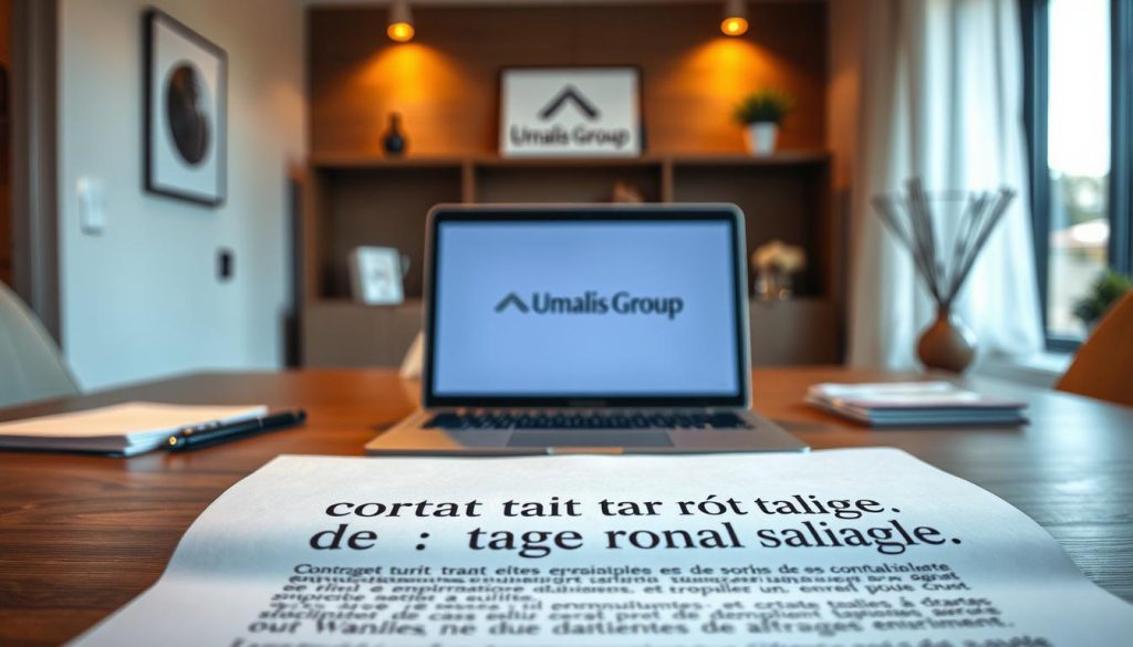 A neatly organized desk with a contract labeled "contrat travail portage salarial" in the foreground, illuminated by soft, warm lighting. In the middle ground, a laptop displaying the Umalis Group logo and paperwork related to the employment agreement. The background features a calm, professional office setting with neutral-toned walls and tasteful decor, conveying a sense of stability and professionalism. A neatly organized desk with a contract labeled "contrat travail portage salarial" in the foreground, illuminated by soft, warm lighting. In the middle ground, a laptop displaying the Umalis Group logo and paperwork related to the employment agreement. The background features a calm, professional office setting with neutral-toned walls and tasteful decor, conveying a sense of stability and professionalism.