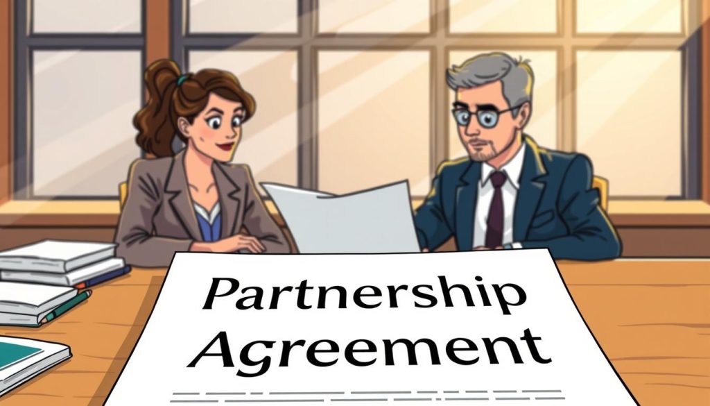 A neatly organized desk with a crisp, white legal document titled "Partnership Agreement" in the foreground. In the middle ground, two business partners dressed in professional attire are carefully reviewing the document, their expressions focused and collaborative. The background features a warm, natural lighting filtering through large windows, casting a soft glow and creating a sense of professionalism and trust. The overall scene conveys the thoughtful, step-by-step process of drafting a partnership agreement to protect business interests.