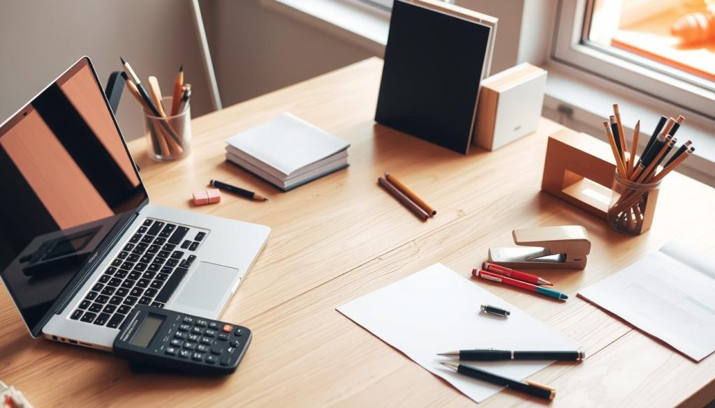 A neatly organized desk with a laptop, a calculator, and various office supplies such as pens, pencils, a stapler, and a notepad. The desk is made of a light-colored wood and is well-lit by a warm, natural light streaming in through a nearby window. The overall atmosphere is one of efficiency and organization, reflecting the "Optimiser Votre Rémunération en Portage Salarial" section of the article. The image should convey a sense of professionalism and attention to detail, with a focus on the tools and resources necessary for managing one's financial affairs as an independent professional.