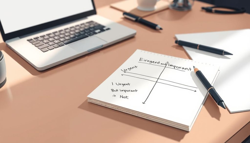 A neatly organized desk with a laptop, a pen, and a notepad. In the foreground, a hand-drawn Eisenhower matrix diagram on the notepad, clearly delineating the four quadrants: Urgent and Important, Not Urgent but Important, Urgent but Not Important, and Not Urgent and Not Important. The lighting is soft and natural, casting gentle shadows. The overall scene conveys a sense of focus, productivity, and a well-considered approach to task prioritization. The camera angle is slightly elevated, providing a clear view of the workspace and the matrix diagram.