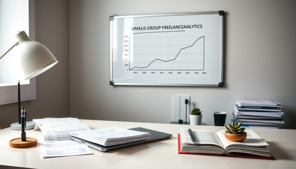 A neatly organized desk with a laptop, a stack of invoices, and a financial ledger. In the background, a wall-mounted whiteboard displays a cash flow graph labeled "Umalis Group Freelancer Analytics". Soft, indirect lighting illuminates the scene, creating a professional and focused atmosphere. The desk surface features a stylish coaster, a pen holder, and a small succulent plant, adding a touch of minimalist design. The overall composition conveys a sense of control and financial diligence for a freelancer's financial planning.