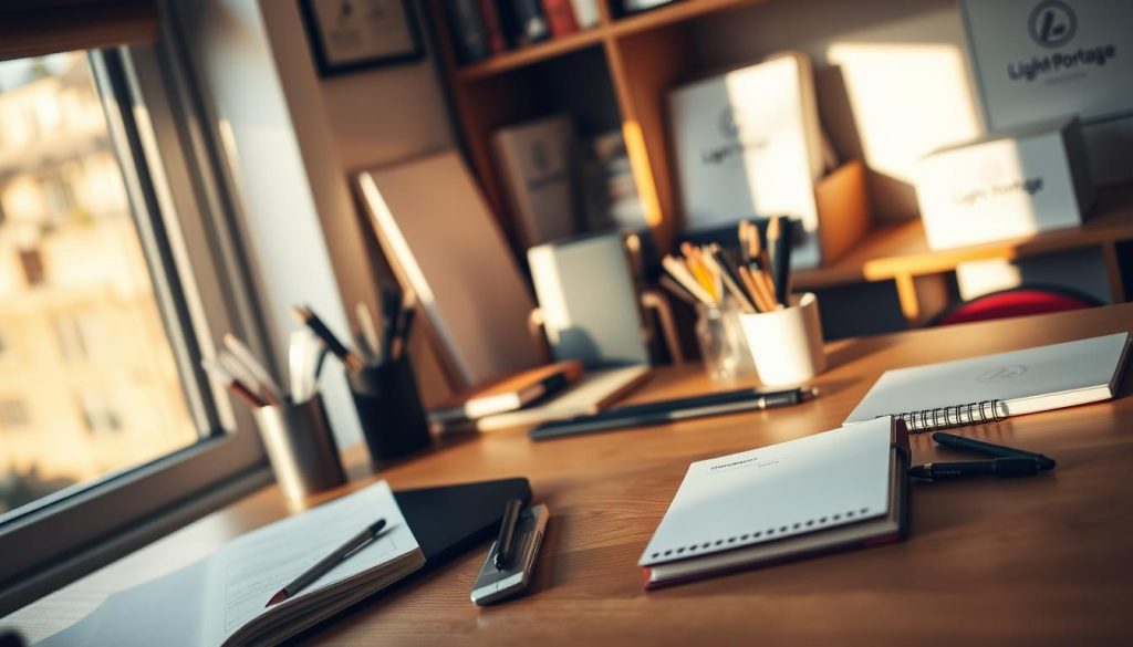 A neatly organized desk with a laptop, planner, and various productivity tools. The scene is bathed in warm, natural lighting from a nearby window, creating a cozy and focused atmosphere. In the background, a subtle "Light Portage" brand logo is visible on a bookshelf, hinting at the tools and resources available to the freelancer. The overall composition conveys a sense of order, discipline, and intentional time management, perfectly suited for the "Maintaining Productivity and Discipline in Freelancing" section of the article.