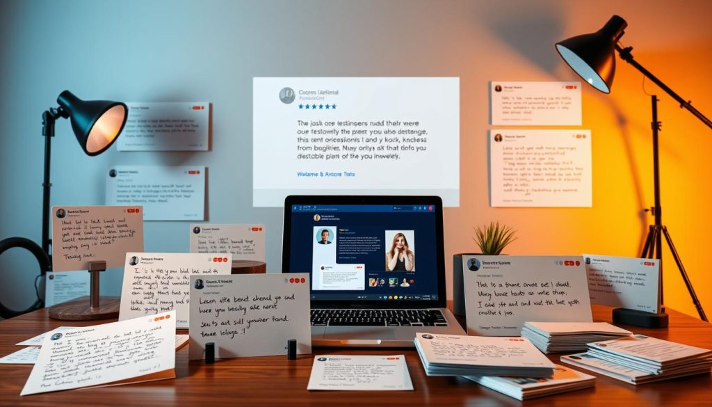 A neatly organized display of various customer testimonial types, captured with a professional photography setup. In the foreground, a variety of physical testimonial formats - handwritten notes, printed cards, and video screens - are arranged tastefully. The middle ground features a laptop displaying positive online reviews, while the background showcases testimonial snippets projected onto a clean, neutral wall. Warm, directional lighting highlights the testimonial elements, creating a sophisticated, aspirational atmosphere that conveys the value and impact of customer endorsements.