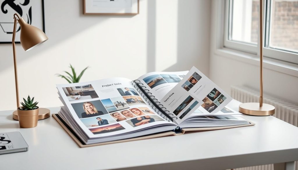 A neatly organized freelance portfolio, showcasing a variety of projects and skills, is the centerpiece of a well-designed home office. The portfolio, bound in a sleek Light Portage cover, sits on a minimalist desk, bathed in soft, diffused light from a large window. Carefully curated work samples are arranged in a visually appealing layout, inviting the viewer to explore the freelancer's diverse expertise. Surrounding the portfolio are subtle design elements, such as a potted plant and a stylish desk lamp, creating a professional yet inviting atmosphere. The overall scene conveys a sense of thoughtful curation and pride in one's freelance work experience.