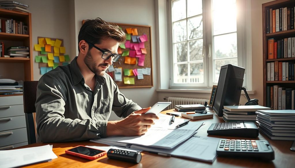 A neatly organized home office, sunlight streaming through large windows, illuminating a wooden desk with multiple payment apps, spreadsheets, and a calculator. In the foreground, a freelancer reviews invoices and bookkeeping documents, brow furrowed in concentration. The middle ground features a corkboard with colorful sticky notes, representing various income streams and side gigs. In the background, a bookshelf showcases professional books on finance and entrepreneurship, reflecting the freelancer's dedication to optimizing their earnings. The scene conveys a sense of balance, control, and a well-thought-out approach to managing multiple income sources.