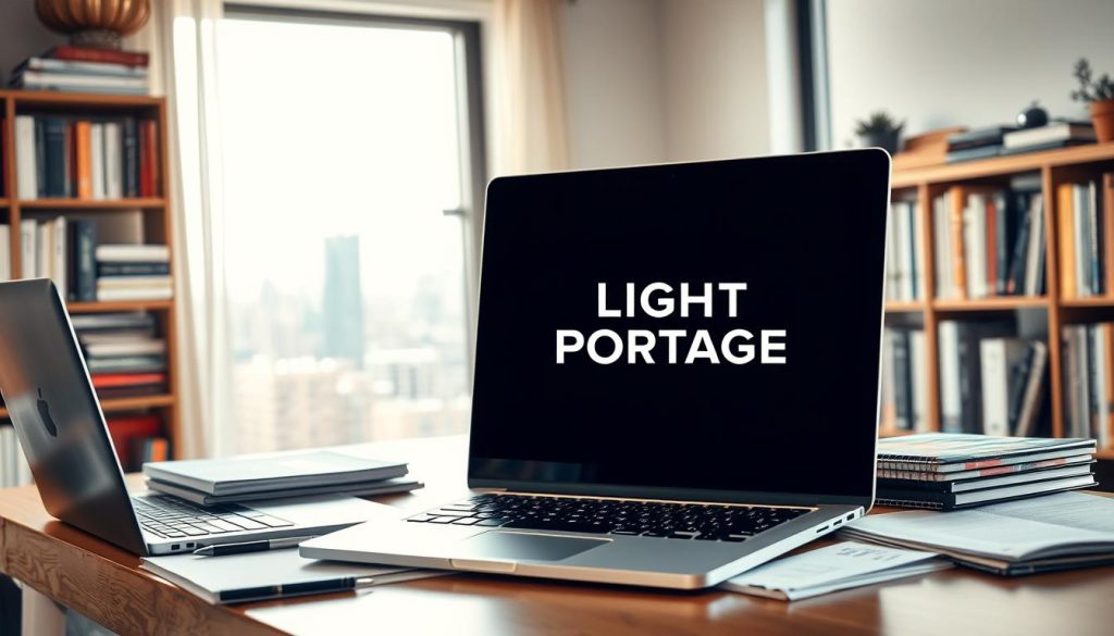 A neatly organized home office with a laptop, documents, and a stylized LIGHT PORTAGE brand logo prominently displayed on the desk. The lighting is soft and natural, creating a warm, professional atmosphere. In the background, a bookshelf filled with business-related books and a large window overlooking a cityscape, emphasizing the entrepreneurial spirit. The overall scene conveys a sense of diligence, organization, and the successful management of an individual business venture.