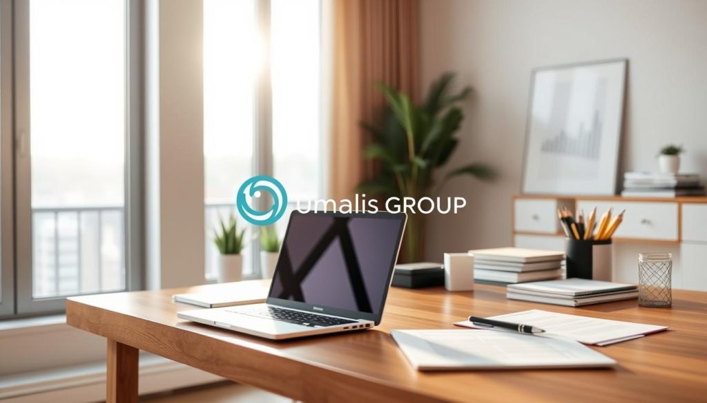 A neatly organized home office with a laptop, documents, and office supplies on a minimalist wooden desk. Soft natural lighting filters through large windows, casting a warm glow. In the background, a stylized illustration of the Umalis Group logo, representing the administrative support services for freelancers. The scene conveys a sense of productivity, efficiency, and the seamless integration of work and life for the modern freelancer.