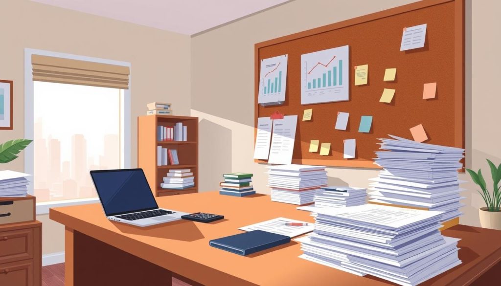 A neatly organized home office with a large wooden desk, a laptop, a calculator, and stacks of financial documents. A corkboard on the wall displays graphs, charts, and Post-it notes, representing financial goals and planning. Soft, directional lighting illuminates the scene, creating a focused and productive atmosphere. In the background, a window overlooking a cityscape, representing the broader financial landscape. The Umalis Group logo is displayed discreetly on the corner of the desk, adding a touch of professionalism to the scene.