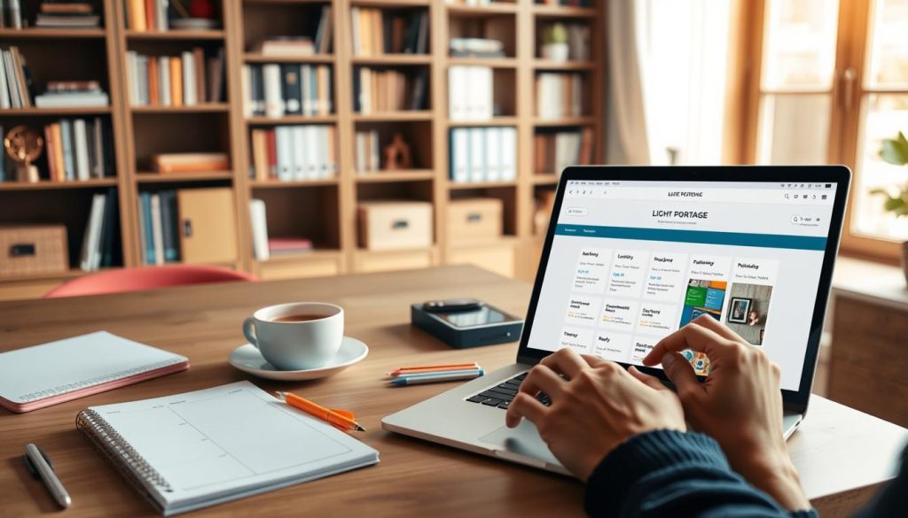A neatly organized home office with a large wooden desk, a sleek laptop, and a well-stocked bookshelf in the background. On the desk, a planner, a cup of coffee, and various stationery items. The lighting is soft and warm, creating a cozy and productive atmosphere. In the foreground, a person's hands are visible, using the LIGHT PORTAGE website on their laptop, planning their daily schedule and tasks. The image conveys a sense of efficiency, focus, and a balanced work-life routine.