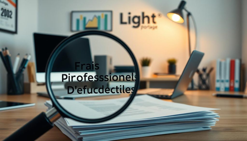 A neatly organized home office with a modern desk, a laptop, and an array of professional office supplies. In the foreground, a magnifying glass hovers over a stack of documents, highlighting the text "Frais Professionnels Déductibles". The middle ground features a stylish desk lamp casting a warm glow, and the background showcases a Light Portage logo on the wall, conveying a sense of professionalism and expertise. The scene is bathed in soft, natural lighting, creating a serene and focused atmosphere.