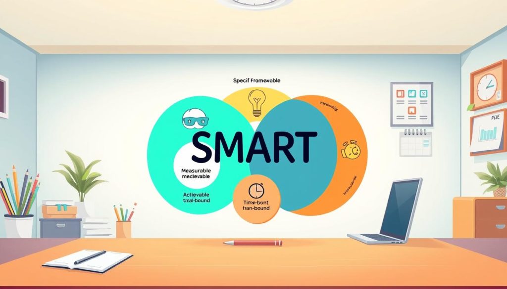 A neatly organized infographic depicting the SMART goals framework. In the foreground, a series of colorful, interlinked circles represent the key elements: Specific, Measurable, Achievable, Relevant, and Time-bound. The middle ground showcases visual cues and icons that embody these principles, while the background features a clean, minimalist workspace with office supplies, a laptop, and a wall calendar to convey the context of goal-setting for professional success. The overall scene is well-lit, with a warm, productive atmosphere, captured through a wide-angle lens to provide a comprehensive view of the framework in action.