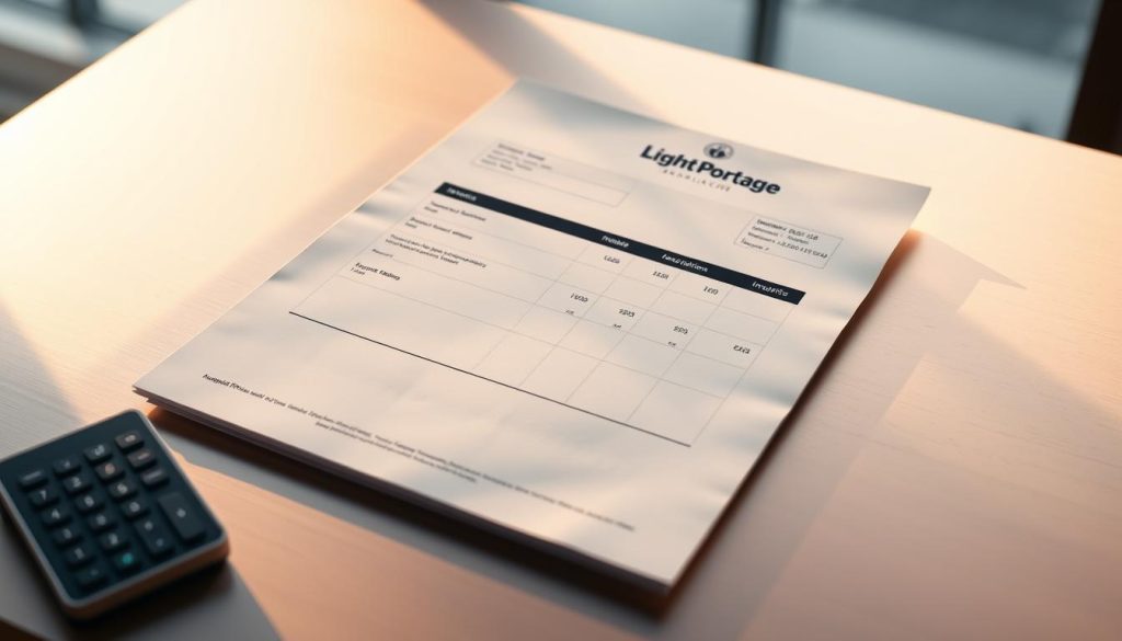 A neatly organized international invoice template on a sleek metallic desk, with a Light Portage logo prominently displayed. The document features a clean, minimalist design with distinct sections for billing details, item descriptions, quantities, pricing, and payment terms. Warm, directional lighting casts subtle shadows, creating depth and highlighting the professional, sophisticated atmosphere. The background blurs softly, emphasizing the centralized invoice as the focal point, ready to be used for cross-border transactions.