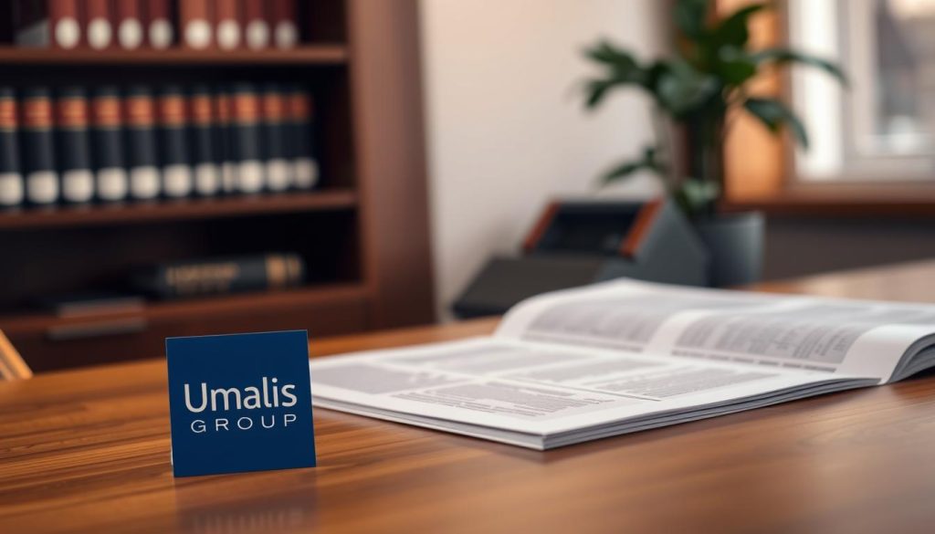 A neatly organized legal contract template on a wooden desk, illuminated by warm, focused lighting. In the foreground, the Umalis Group logo stands out prominently, symbolizing the professionalism and expertise behind this specialized document. The middle ground features the contract pages, their text crisp and legible, conveying the importance of the legal content. In the background, a blurred bookshelf and potted plant create a sense of an authoritative, professional workspace. The overall mood is one of seriousness, reliability, and the gravity of the legal obligations outlined within the template.