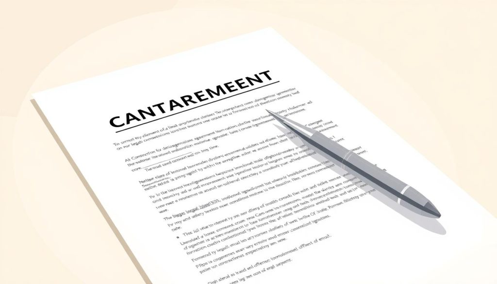 A neatly organized legal contractor agreement, its elements clearly defined on a neutral-toned background. The document's pages are crisply rendered, the text legible and professional. A silver pen rests atop the agreement, symbolizing the importance of careful review and proper signing. Soft, diffused lighting illuminates the scene, creating a sense of formality and legal gravitas. The overall composition conveys the key components of a secure, legally binding contractor arrangement.