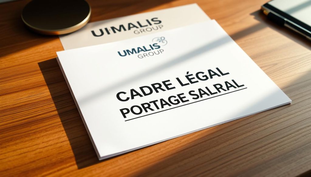 A neatly organized legal document with the heading "CADRE LÉGAL PORTAGE SALARIAL" displayed prominently. The document is positioned on a wooden desk, illuminated by warm, natural lighting casting subtle shadows. In the background, the UMALIS GROUP logo is subtly visible, signifying the company's involvement in the salarial portage framework. The overall scene conveys a sense of professionalism, authority, and attention to detail, perfectly suited to illustrate the "Définition et cadre légal du portage salarial" section of the article.