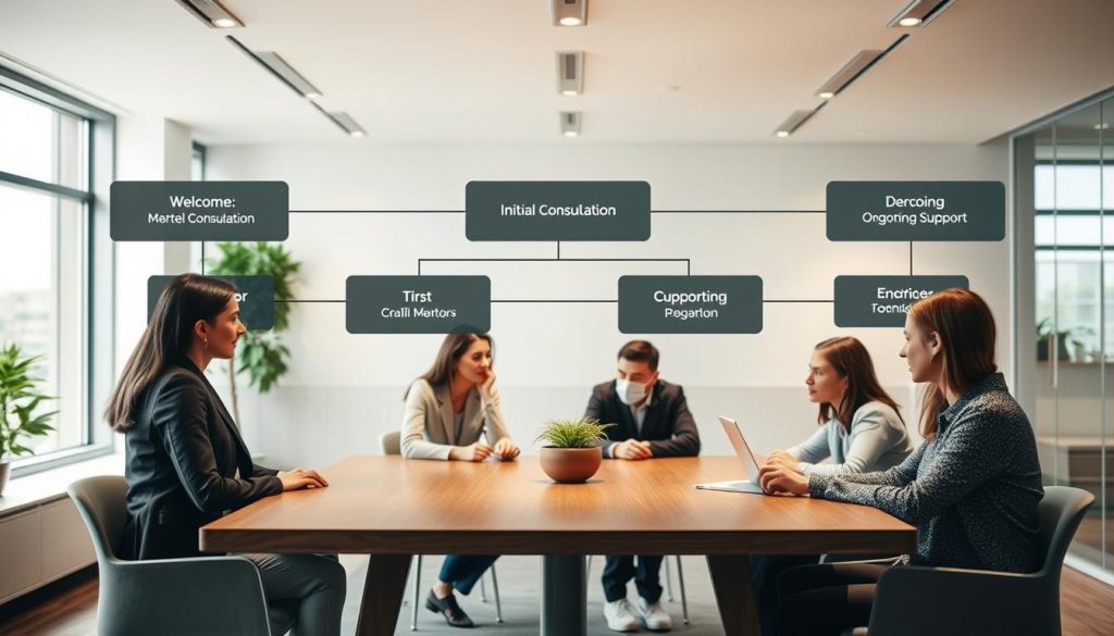 A neatly organized mentorship services structure designed by the experts at Light Portage. In the foreground, a welcoming group of mentors and mentees gathered around a sleek, wooden table, engaged in thoughtful discussion. The middle ground features a series of interconnected modules, each representing a different stage of the mentorship program - from initial consultation to ongoing support. The background showcases a minimalist, yet inspiring office environment, with large windows allowing natural light to flood the space, creating a serene and productive atmosphere. Soft, directional lighting highlights the collaborative nature of the mentorship services, conveying a sense of guidance and growth.