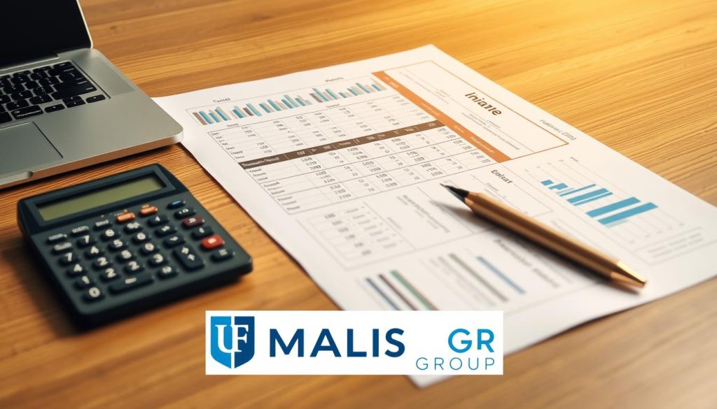 A neatly organized monthly financial report for a professional account, displayed on a wooden desk with a laptop, calculator, and pen. The report features a clean, minimalist design with graphs, charts, and numerical data, all in a warm, focused lighting. In the foreground, the UMALIS GROUP logo stands out, signifying the professionalism and expertise behind this financial tracking system. The overall atmosphere conveys a sense of order, productivity, and attention to detail, reflecting the subject matter of "Organisation du compte d'activité et suivi mensuel".