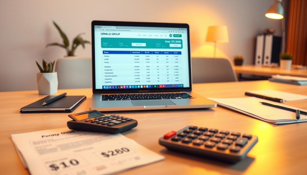 A neatly organized office desk, bathed in warm lighting, showcasing a laptop display with a simulation of a "UMALIS GROUP" payroll system. In the foreground, carefully placed financial documents and a calculator evoke a professional, analytical atmosphere. The middle ground features a sleek, minimalist design aesthetic, while the background hints at a modern, well-appointed workspace. The overall scene conveys a sense of precision, control, and the tools necessary to navigate the complexities of "portage salarial" - a sophisticated financial service.