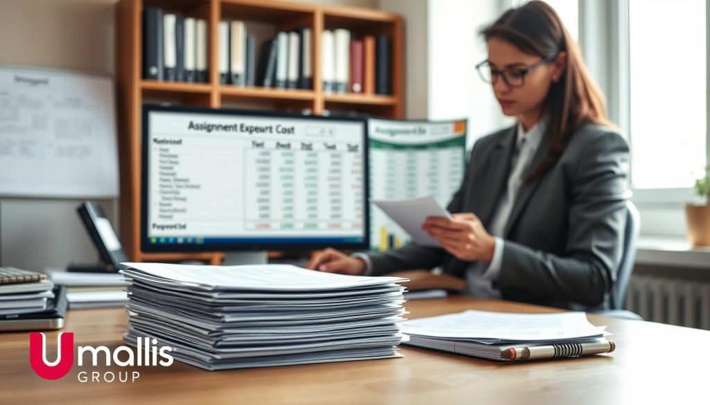 A neatly organized office desk scene focused on assignment cost reimbursement records. In the foreground, a professional-looking person in business attire is reviewing a stack of documents, emphasizing the clarity and importance of the records. The middle ground features a computer screen displaying a financial spreadsheet, highlighting various business expenses. The background includes a bookshelf filled with business literature and a window letting in soft, natural light that casts gentle shadows, creating a calm and focused atmosphere. The overall mood is professional and analytical, reflecting the seriousness of managing business expenses in a French portage salarial context. Include a subtle logo of "Umalis Group" in the corner to enhance branding without distracting from the main focus.