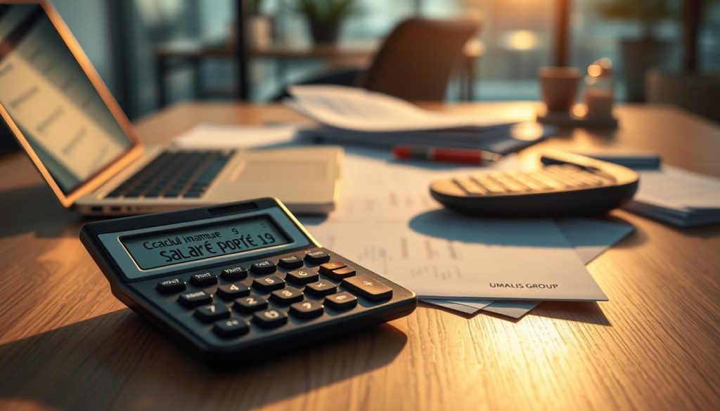 A neatly organized office desk with a laptop, calculator, and documents, casting warm, directional lighting. In the foreground, a calculator displays a detailed "calcul impôt salarié porté" calculation, reflecting the financial complexities of a salaried employee under the UMALIS GROUP. The middle ground features carefully arranged tax forms and financial reports, hinting at the intricacies of the subject matter. The background has a softly blurred view of an office interior, conveying a sense of professionalism and expertise. The overall mood is one of thoughtful consideration, guiding the viewer through the nuances of this specialized taxation topic.
