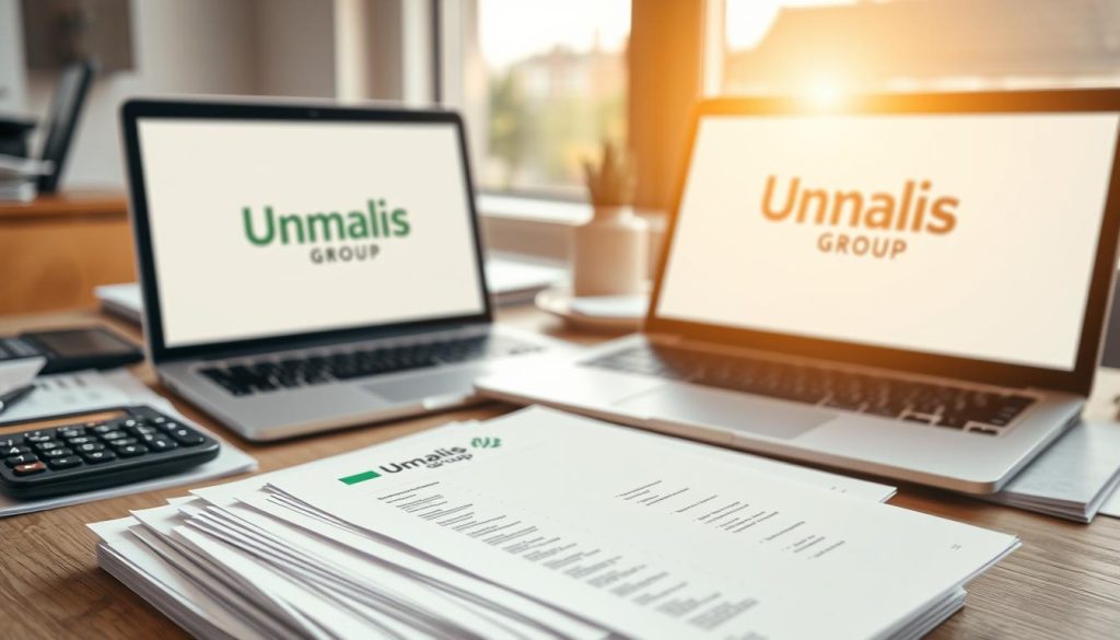 A neatly organized office desk with a laptop, calculator, and various professional accounting documents. In the foreground, a stack of invoices and receipts, symbolizing the "facturation charges professionnelles" or professional billing and expenses. Warm, natural lighting filters through a window, casting a soft glow on the scene. The Umalis Group logo is prominently displayed on the laptop screen, indicating the professional context. The overall mood is one of efficiency, attention to detail, and financial management.