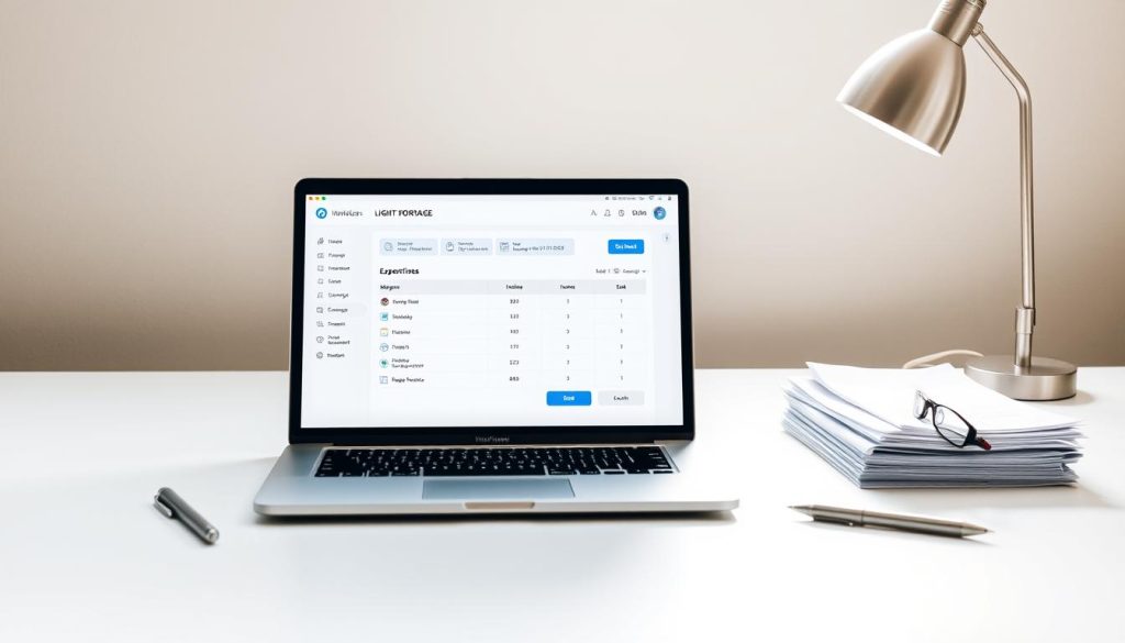 A neatly organized office desk with a sleek, modern laptop displaying the "LIGHT PORTAGE" invoicing software interface. The screen showcases a clean, intuitive design with helpful widgets and clear expense tracking data. Beside the laptop, a stylish pen, a stack of invoices, and a minimalist desk lamp provide a professional, efficient atmosphere. The background is a serene, neutral-toned wall, allowing the technology to take center stage. Bright, natural lighting from a nearby window casts a warm, productive glow over the scene. The overall composition conveys the ease and sophistication of a top-tier invoicing solution for independent professionals.