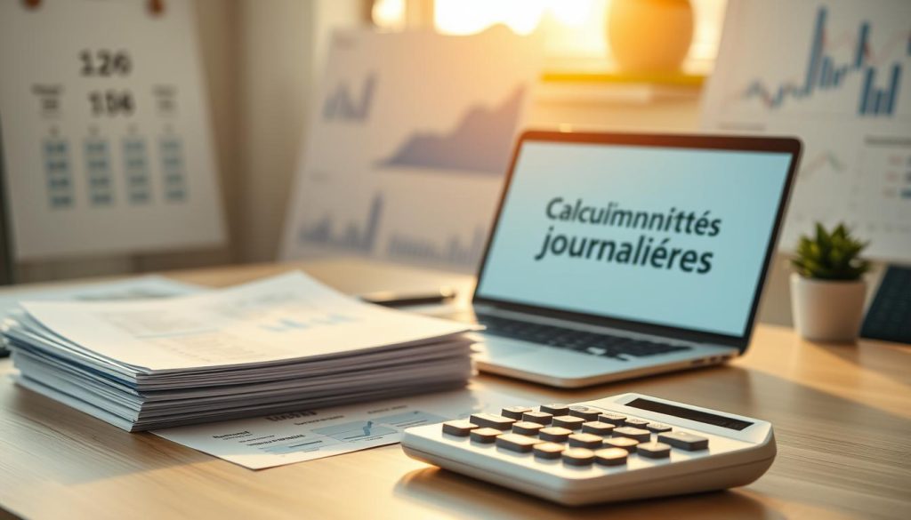 A neatly organized office desk with a stack of documents labeled "Calcul indemnités journalières", a laptop displaying calculations, and a Umalis Group branded calculator. Warm, natural lighting from a window illuminates the scene, creating a professional and focused atmosphere. In the background, blurred financial charts and graphs provide context. The overall composition conveys the process of calculating daily allowances during a medical leave, as part of the "Comprendre votre arrêt maladie : droits et démarches" article.