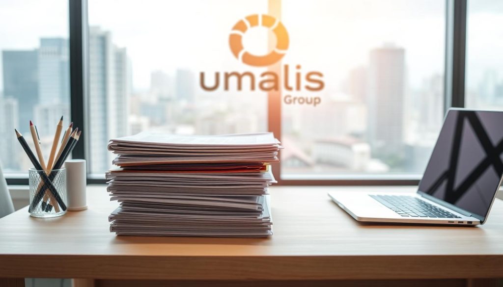 A neatly organized office desk with a stack of file folders, a pen holder, and a laptop computer. The desk is made of light-colored wood, with a clean and minimalist design. The lighting is soft and diffused, creating a warm and inviting atmosphere. In the background, there is a large window overlooking a cityscape, with a Umalis Group logo prominently displayed on the glass. The overall scene conveys a sense of efficiency, professionalism, and attention to detail - the keys to effective administrative management.