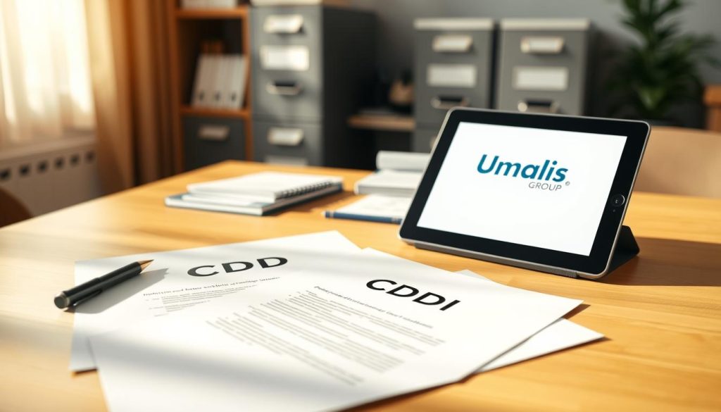 A neatly organized office desk with a stack of legal documents, a pen, and a tablet displaying the "Umalis Group" logo. In the foreground, two contracts labeled "CDD" and "CDI" rest on the desk, casting soft shadows. The middle ground features a filing cabinet and office supplies, conveying a sense of professionalism and expertise. The background is softly blurred, creating a focus on the key contractual elements. The lighting is warm and natural, emanating a sense of security and trust. The overall composition and mood reflect the "Processus et aspects contractuels" section of the article on "Gestion Administrative en Portage Salarial : Sécurité et Expertise." A neatly organized office desk with a stack of legal documents, a pen, and a tablet displaying the "Umalis Group" logo. In the foreground, two contracts labeled "CDD" and "CDI" rest on the desk, casting soft shadows. The middle ground features a filing cabinet and office supplies, conveying a sense of professionalism and expertise. The background is softly blurred, creating a focus on the key contractual elements. The lighting is warm and natural, emanating a sense of security and trust. The overall composition and mood reflect the "Processus et aspects contractuels" section of the article on "Gestion Administrative en Portage Salarial : Sécurité et Expertise."