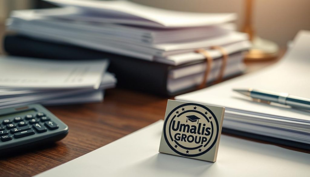 A neatly organized office desk with a stack of official-looking documents, legal folders, and a calculator. In the foreground, the Umalis Group logo is prominently displayed on a plaque or stamp. Soft, warm lighting illuminates the scene, creating a professional and focused atmosphere. The documents appear to be in order, suggesting a meticulous approach to tax document verification. The overall composition conveys a sense of diligence, attention to detail, and readiness to handle a fiscal audit.
