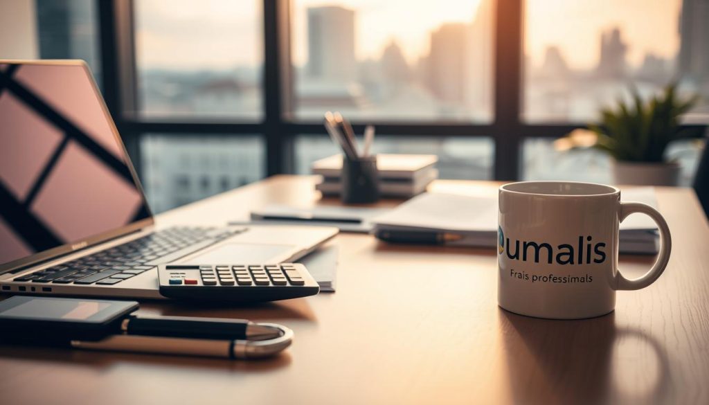 A neatly organized office desk with an array of professional business items - a laptop, a stack of documents, a calculator, a pen holder, and a stylish mug displaying the Umalis Group logo. The scene is bathed in warm, diffused lighting, creating a cozy and productive atmosphere. In the background, a blurred window offers a glimpse of a city skyline, hinting at the broader business context. The overall composition conveys a sense of efficiency, attention to detail, and a professional approach to managing financial matters related to "Frais professionnels".