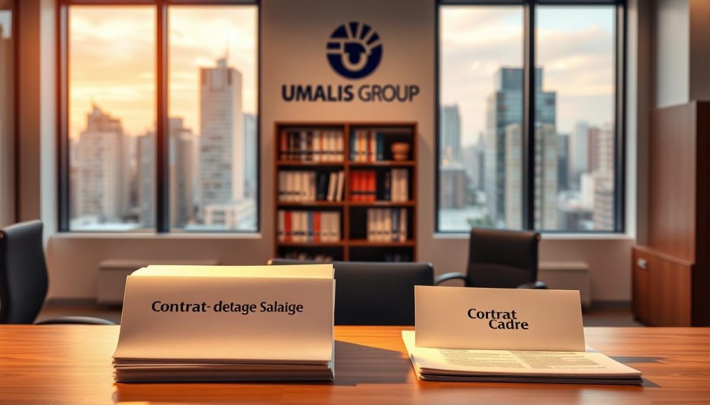 A neatly organized office interior, showcasing the various types of employment contracts associated with salarial portage. In the foreground, a desk features a stack of documents labeled "Contrat de Portage Salarial" and "Contrat Cadre", illuminated by warm, directional lighting. In the middle ground, a bookcase displays publications on employment law and labor regulations. The background features large windows overlooking a bustling cityscape, creating a professional and authoritative atmosphere. The UMALIS GROUP logo is prominently displayed on the wall, signifying its expertise in this domain.