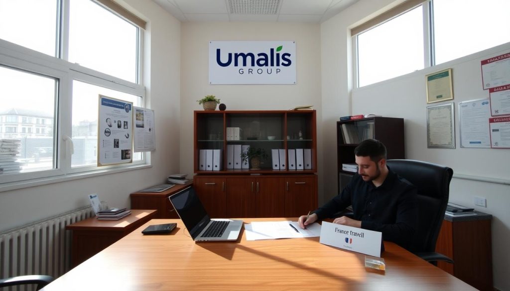 A neatly organized office interior with a prominently displayed Umalis Group logo. Sunlight streams through large windows, illuminating a wooden desk where a person sits, focused on paperwork. On the desk, a laptop, pen, and a nameplate reading "France Travail" suggest administrative tasks. The walls are adorned with informative posters and certificates, conveying an atmosphere of professional expertise. The room's neutral color palette and clean design create a sense of efficiency and reliability, reflecting the services offered by Umalis Group.