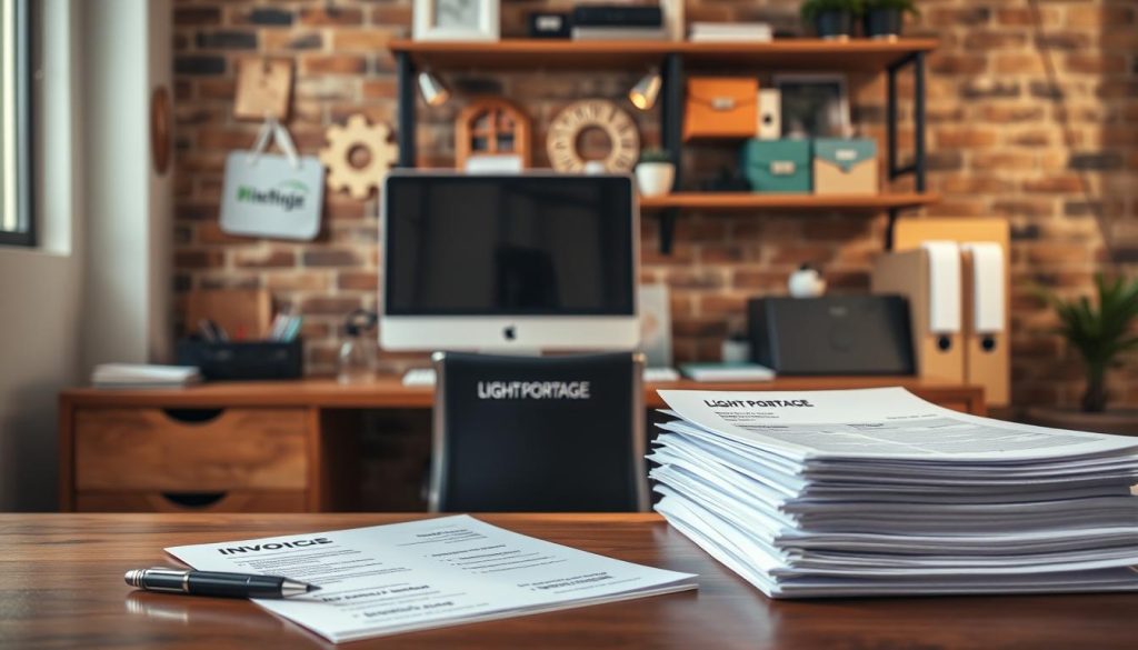 A neatly organized office scene with a wooden desk in the foreground, displaying a stack of invoices and a pen. In the middle ground, a modern computer monitor and keyboard sit on the desk, along with a LIGHT PORTAGE branded folder. The background features a brick wall with shelves holding various office supplies. The lighting is warm and natural, creating a professional and organized atmosphere. The scene conveys the importance of properly numbering invoices for a freelance business, as suggested by the section title.