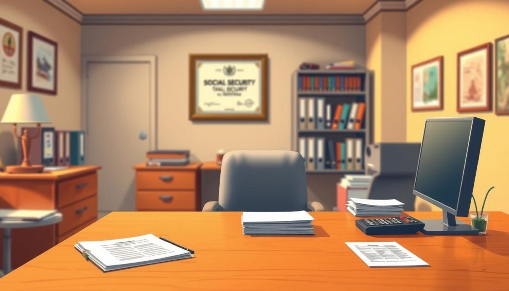 A neatly organized office setting, bathed in warm, directional lighting. The foreground features a sturdy oak desk, adorned with a computer, a neat stack of documents, and a calculator. On the wall behind, a framed certificate hangs, symbolizing expertise in social security and tax systems. The middle ground showcases a filing cabinet and a bookshelf filled with reference materials. The background blurs softly, hinting at the broader context of government institutions and a sense of order and professionalism. The overall atmosphere conveys an air of authority, reliability, and attention to detail, reflecting the complexities of navigating social security and tax-related matters.