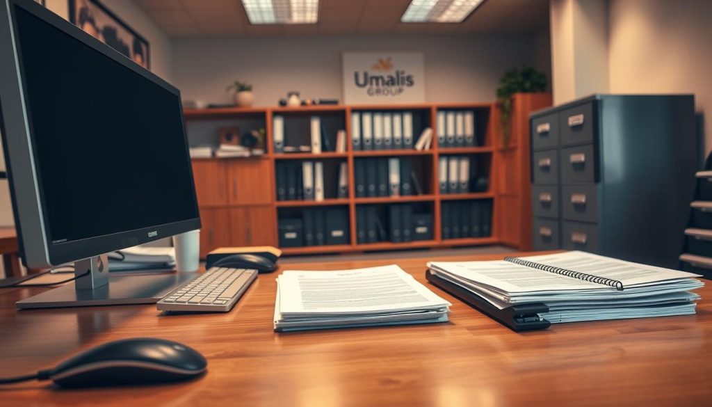 A neatly organized office setting with administrative documents related to a salarial portage arrangement. The foreground features a wooden desk with a computer monitor, keyboard, and mouse, along with a stack of official-looking papers. In the middle ground, filing cabinets and bookshelves line the walls, hinting at the organizational processes involved. Warm, directional lighting casts a professional ambiance, while the background showcases the Umalis Group brand identity discreetly in the decor. The overall scene conveys the administrative diligence required for the transition after a salarial portage mission.