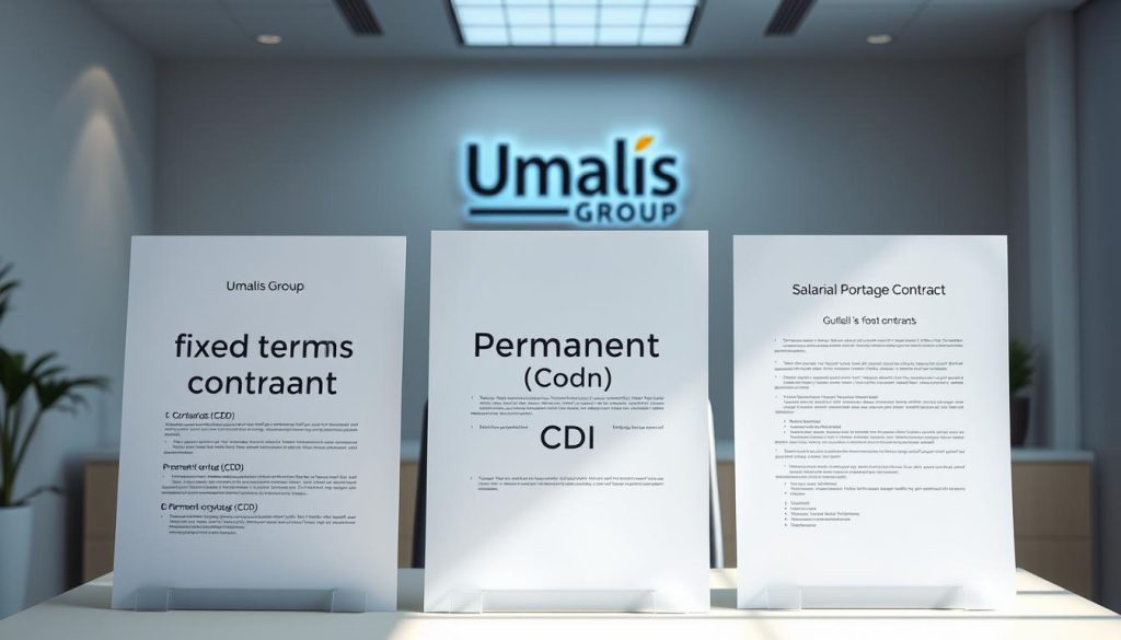 A neatly organized office setting with three distinct contract types prominently displayed - a fixed-term contract (CDD), a permanent contract (CDI), and a salarial portage contract. The Umalis Group logo is visible in the background, conveying professionalism and expertise. Soft, natural lighting illuminates the scene, creating a serene and inviting atmosphere. The contracts are presented in a clean, minimalist style, allowing the viewer to focus on the key details. The overall composition suggests a balanced and comprehensive understanding of the different employment options available through the Umalis Group's salarial portage services.