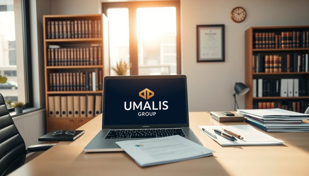 A neatly organized office space, flooded with warm, natural lighting from large windows. On the desk, a laptop displays the UMALIS GROUP logo, surrounded by professional documents and accessories. In the background, a bookshelf filled with legal references and a framed certificate hang on the wall, conveying a sense of authority and expertise. The overall atmosphere is one of productivity, reliability, and a clear understanding of the legal framework governing "portage salarial", the key focus of this section.