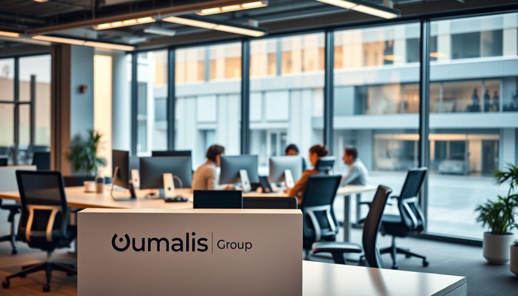 A neatly organized office space, illuminated by warm, natural lighting filtering through large windows. In the foreground, a desk with the Umalis Group logo prominently displayed, surrounded by ergonomic chairs and a modern, minimalist aesthetic. In the middle ground, a team of professionals collaborating on digital devices, their faces focused and engaged. The background depicts a sleek, contemporary building exterior, hinting at the professionalism and expertise of the Umalis Group's prestation services.