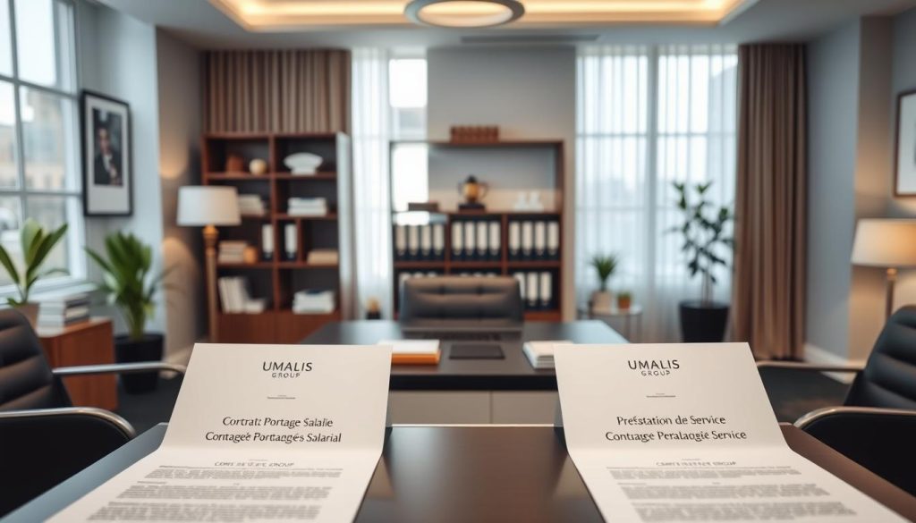 A neatly organized office space showcasing various contract types under the "UMALIS GROUP" brand. In the foreground, crisp white contracts with clear titles like "Contrat de Portage Salarial" and "Contrat de Prestation de Service" are displayed on a modern, minimalist desk. The middle ground features a stylish bookshelf with relevant legal and business documentation. The background depicts a sophisticated, sun-drenched room with elegant decor, conveying a professional, trustworthy atmosphere. Soft, diffused lighting highlights the attention to detail and high-quality presentation of the different salarial portage contract options.